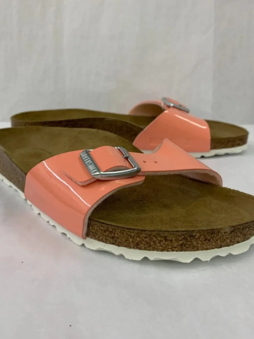 Birkenstock Madrid Patent Coral Peach Birko-Flor Silver Buckle Narrow Width